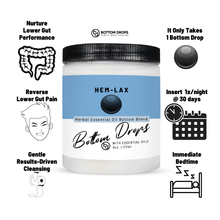 Load image into Gallery viewer, HEMLax nurtures colon-gut performance, reverses lower gut pain, gives a gentle, results-driven gut cleanse. Take 1 bottom drop nightly for 30 days. Immediately go to bed after insertion